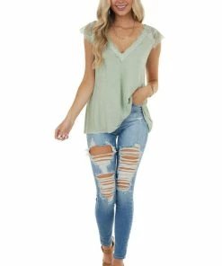 POL Clothing Sage Cap Sleeve Loose Knit Top With Crochet Lace Detail Tops