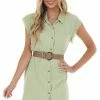 Trend Notes Dresses Sage Chambray Cap Sleeve Shirt Dress With Frayed Edges