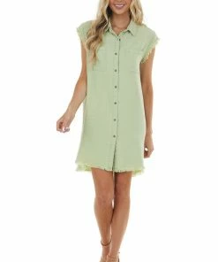 Trend Notes Dresses Sage Chambray Cap Sleeve Shirt Dress With Frayed Edges