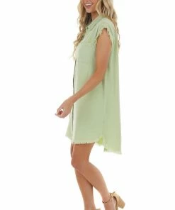 Trend Notes Dresses Sage Chambray Cap Sleeve Shirt Dress With Frayed Edges