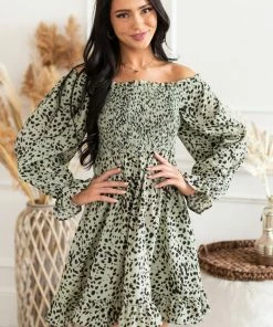 Jodifl Sage Cheetah Smocked Off Shoulder Dress Dresses
