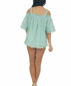 Davi & Dani Sage Cold Shoulder Lace Trim Swiss Dot Top Tops 17 Davi & Dani Sage Cold Shoulder Lace Trim Swiss Dot Top Tops