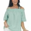 Davi & Dani Sage Cold Shoulder Lace Trim Swiss Dot Top Tops