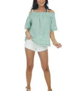 Davi & Dani Sage Cold Shoulder Lace Trim Swiss Dot Top Tops