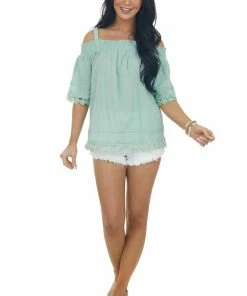 Davi & Dani Sage Cold Shoulder Lace Trim Swiss Dot Top Tops 15 Davi & Dani Sage Cold Shoulder Lace Trim Swiss Dot Top Tops
