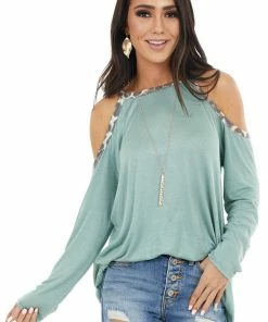 BiBi Sage Cold Shoulder Long Sleeve Top With Leopard Print Tops