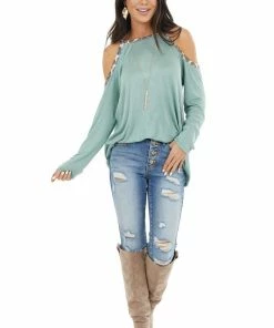 BiBi Sage Cold Shoulder Long Sleeve Top With Leopard Print Tops