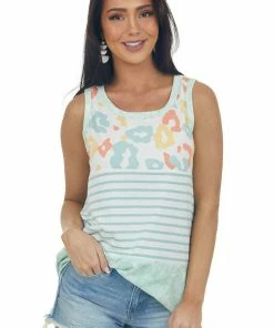 Hailey & Co Seafoam Colorful Multiprint Soft Knit Tank Top Tops