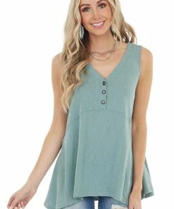 Mittoshop Sage Cotton Sleeveless Babydoll Tunic Top With V Neckline