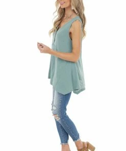 Mittoshop Sage Cotton Sleeveless Babydoll Tunic Top With V Neckline