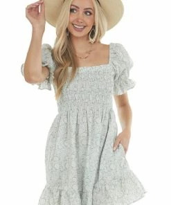 Ces Femme Sage Floral Half Puff Sleeve Smocked Dress