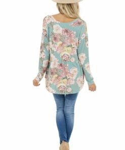 Bluivy Tops Sage Floral Print Babydoll Top With Button Front Detail