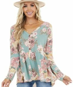 Bluivy Tops Sage Floral Print Babydoll Top With Button Front Detail