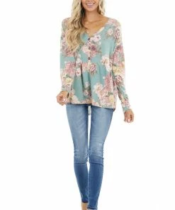 Bluivy Tops Sage Floral Print Babydoll Top With Button Front Detail