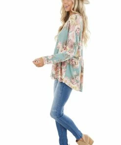 Bluivy Tops Sage Floral Print Babydoll Top With Button Front Detail