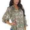 Lush Clothing Sage Floral Print Long Bubble Sleeve Blouse Tops
