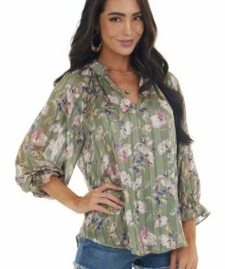 Lush Clothing Sage Floral Print Long Bubble Sleeve Blouse Tops