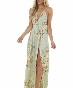 Sweet Lemon Dresses Sage Floral Print Plunging V Neck Maxi Dress With Open Back 19 Sweet Lemon Dresses Sage Floral Print Plunging V Neck Maxi Dress With Open Back