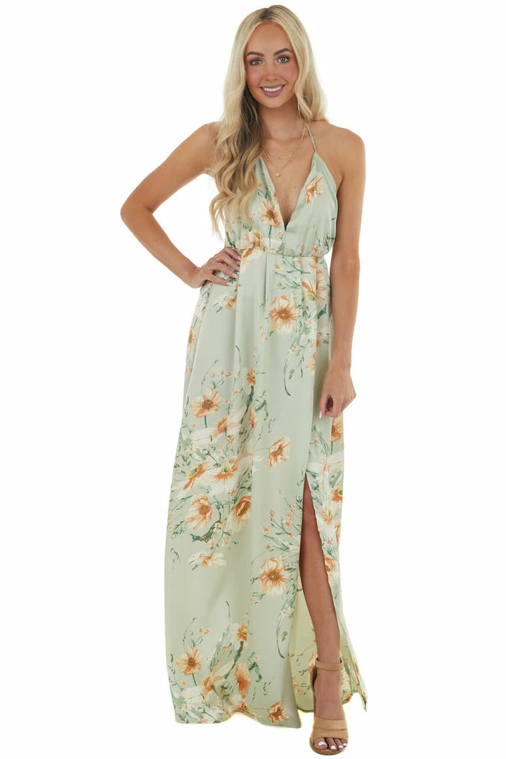 Sweet Lemon Dresses Sage Floral Print Plunging V Neck Maxi Dress With Open Back 4 Sweet Lemon Dresses Sage Floral Print Plunging V Neck Maxi Dress With Open Back