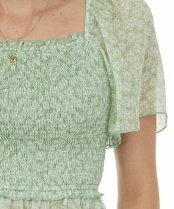 143 Story Sage Floral Print Smocked Peplum Woven Blouse Tops