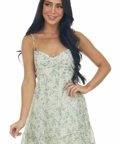 ROKOKO Sage Floral Ruched Sleeveless Mini Dress Dresses