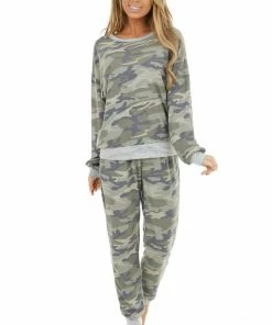 Bluivy Sage Green Camo Long Sleeve Knit Top With Dove Details