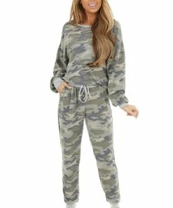 Bluivy Sage Green Camo Long Sleeve Knit Top With Dove Details