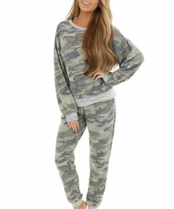 Bluivy Sage Green Camo Long Sleeve Knit Top With Dove Details