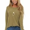 Supreme Fashion Tops Olive Long Sleeve Waffle Knit Top With Rounded Neckline