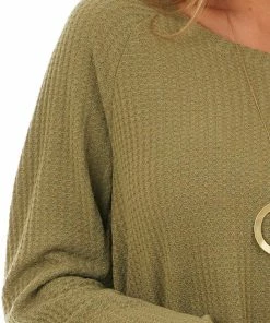 Supreme Fashion Tops Olive Long Sleeve Waffle Knit Top With Rounded Neckline