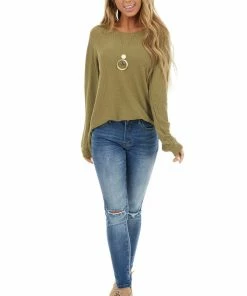 Supreme Fashion Tops Olive Long Sleeve Waffle Knit Top With Rounded Neckline