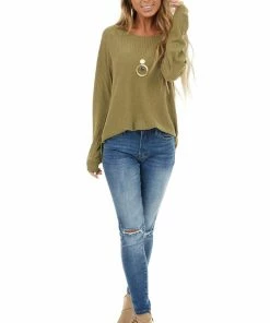 Supreme Fashion Tops Olive Long Sleeve Waffle Knit Top With Rounded Neckline