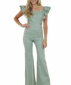 Flying Tomato Sage Green Ruffle Strap Flare Leg Jumpsuit Dresses