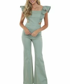Flying Tomato Sage Green Ruffle Strap Flare Leg Jumpsuit Dresses