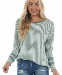 Vanilla Bay Sage Green Striped Print Long Sleeve Knit Top
