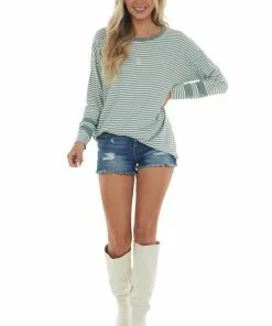 Vanilla Bay Sage Green Striped Print Long Sleeve Knit Top