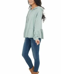 Wishlist Sage Hooded Top With Drawstrings And Peplum Detail
