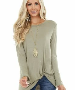 BOMBOM Sage Long Sleeve Knit Top With Side Hem Knot Detail