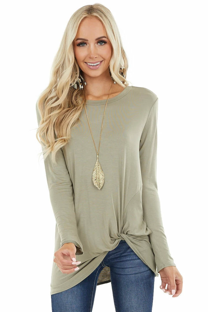 BOMBOM Sage Long Sleeve Knit Top With Side Hem Knot Detail 3 BOMBOM Sage Long Sleeve Knit Top With Side Hem Knot Detail