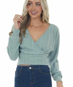 LE LIS Tops Sage Long Sleeve Surplice Cropped Ribbed Top