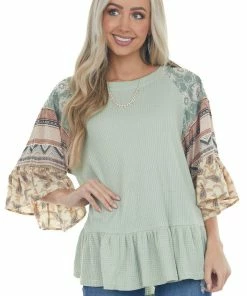 Davi & Dani Sage Multiprint Ruffled Hem Waffle Knit Top