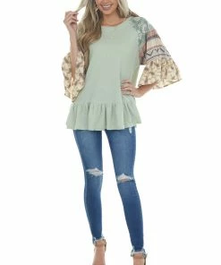 Davi & Dani Sage Multiprint Ruffled Hem Waffle Knit Top