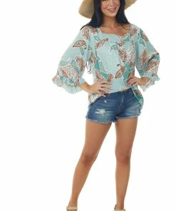 HESED Sage Paisley Print With Leopard Contrast Woven Top