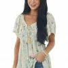 Doe & Rae Sage Printed Notch Neck Flutter Sleeve Top Tops 2 Doe & Rae Sage Printed Notch Neck Flutter Sleeve Top Tops