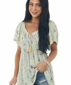 Doe & Rae Sage Printed Notch Neck Flutter Sleeve Top Tops