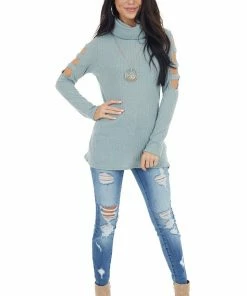 Lovely Melody Tops Sage Ribbed Knit Long Ladder Sleeve Cowl Neck Top