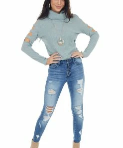 Lovely Melody Tops Sage Ribbed Knit Long Ladder Sleeve Cowl Neck Top