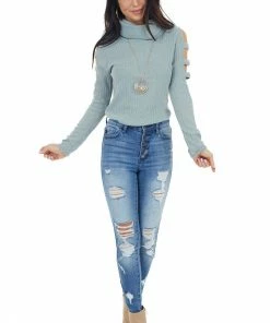 Lovely Melody Tops Sage Ribbed Knit Long Ladder Sleeve Cowl Neck Top