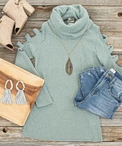 Lovely Melody Tops Sage Ribbed Knit Long Ladder Sleeve Cowl Neck Top