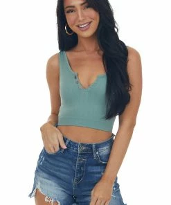 By Together Sage Ribbed Knit Notch Neck Cropped Tank Top
